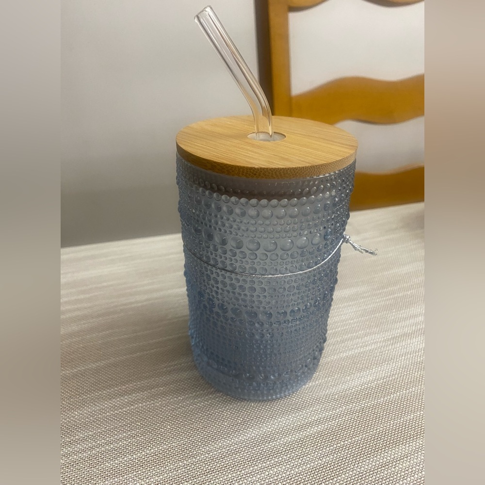 Market Finds Blue Textured 14 oz. Glass Tumbler with Bamboo Lid Glass Straw